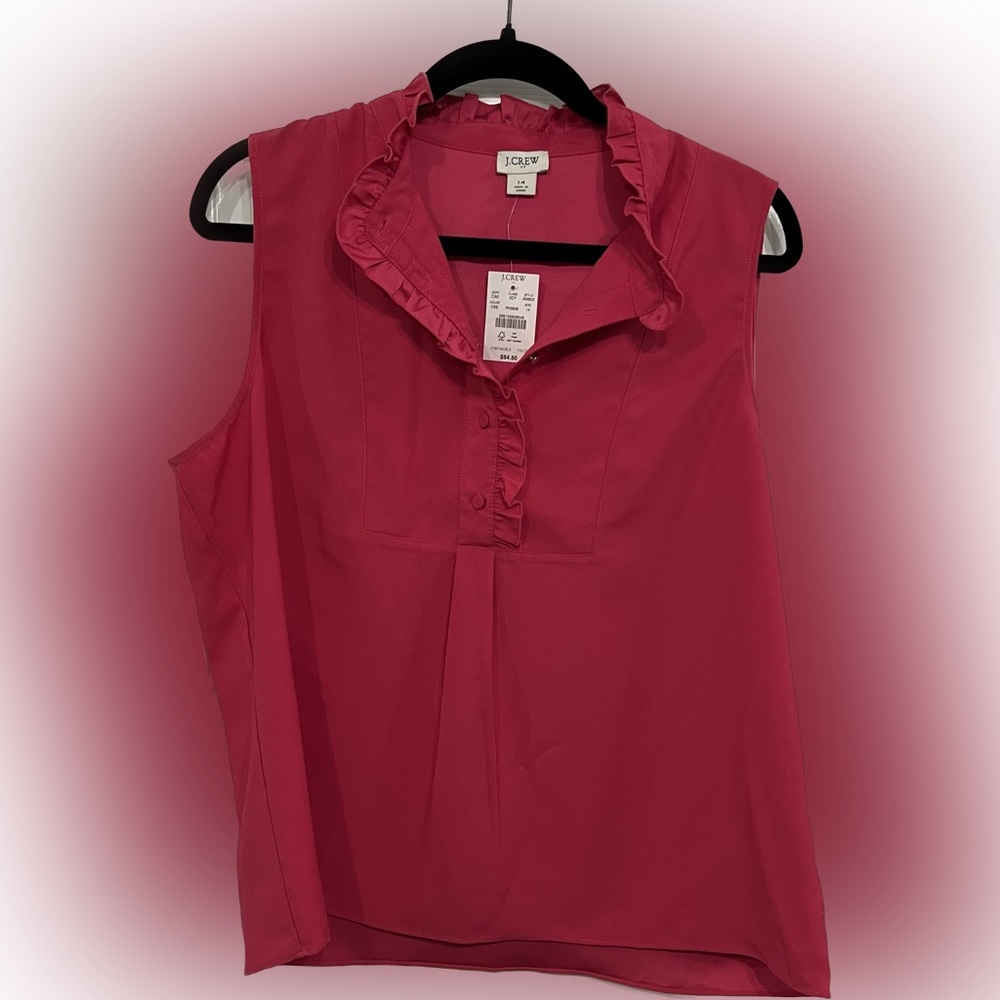 J Crew factory sleeveless blouse with ruffle front button collar, size 14